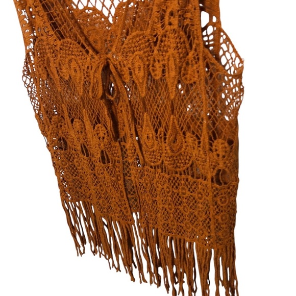 Kontrol Contemporary Boho Crochet Vest Sz S Sienna Brown Fringe Western Festival - Picture 6 of 10